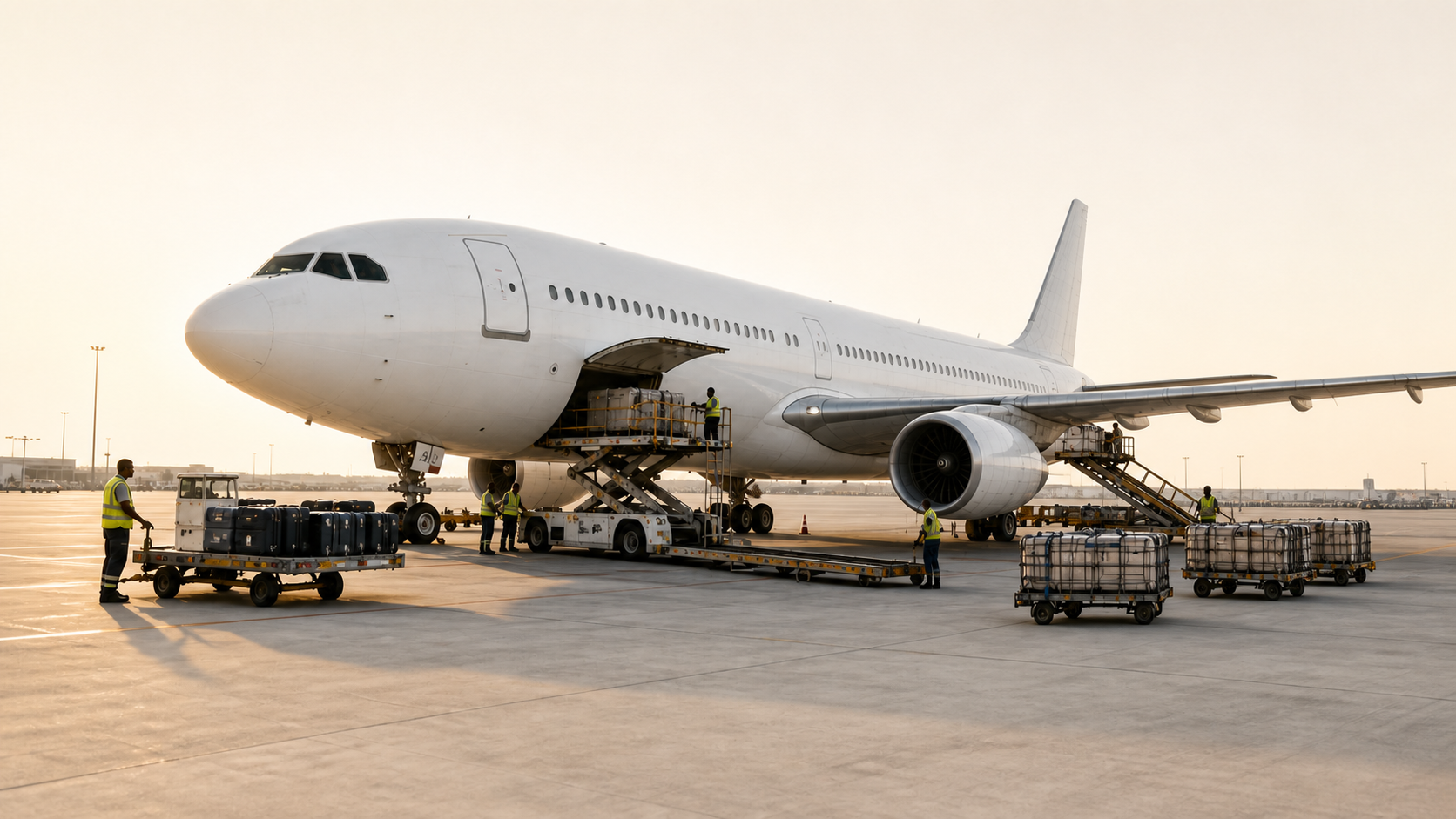 Ground crew loading baggage and cargo beside an aircraft