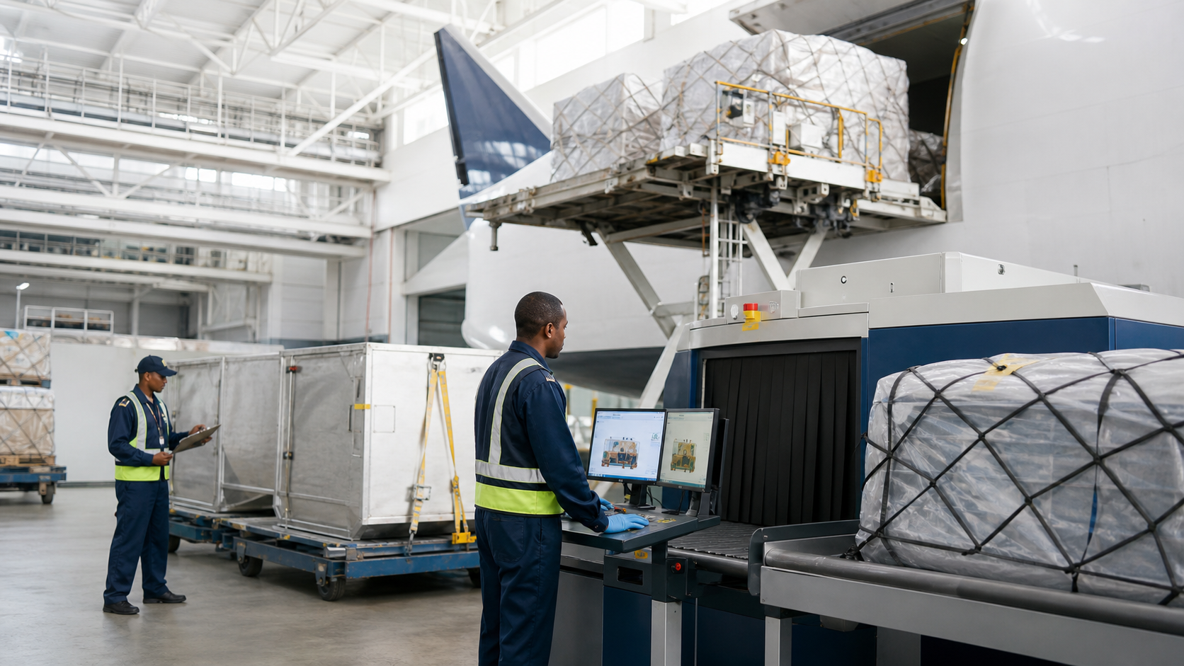 Air cargo being prepared and screened for aviation transport