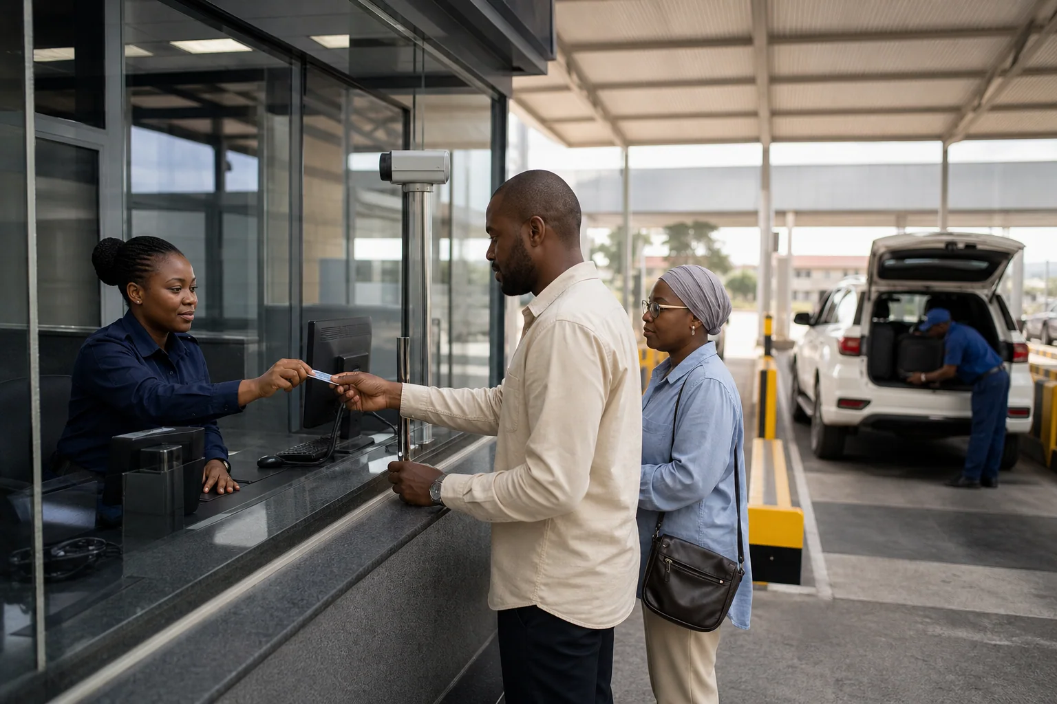 Travellers being assisted through a controlled land-border checkpoint