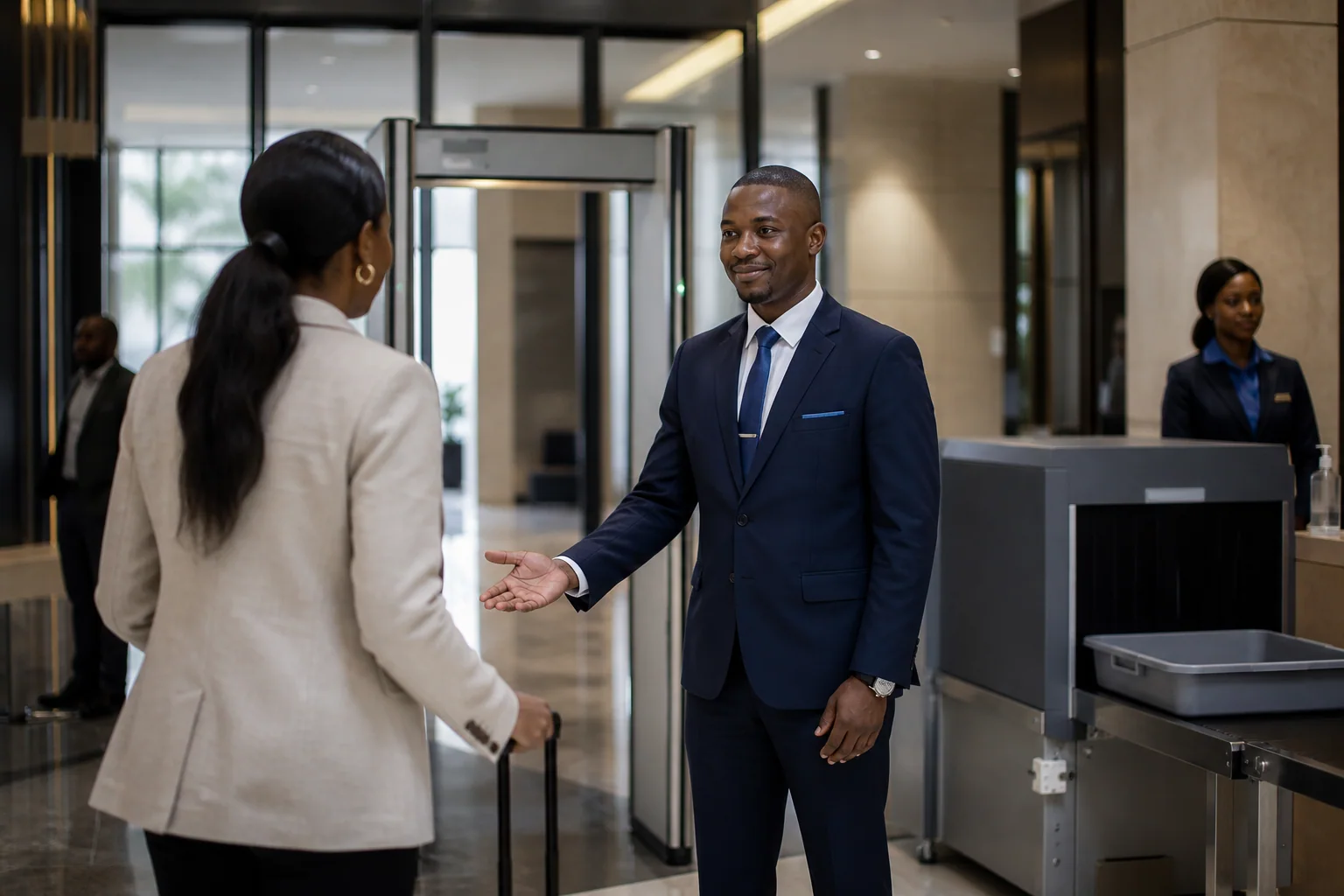 A hospitality security professional welcoming a guest at a discreet screening point