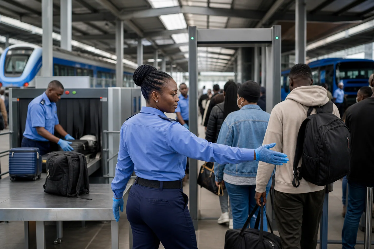 Passengers and baggage moving through security at a rail and bus terminal